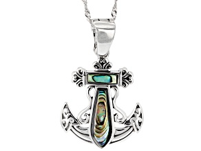 Multi-Color Abalone Shell Rhodium Over Silver Mens Anchor Enhancer With Chain