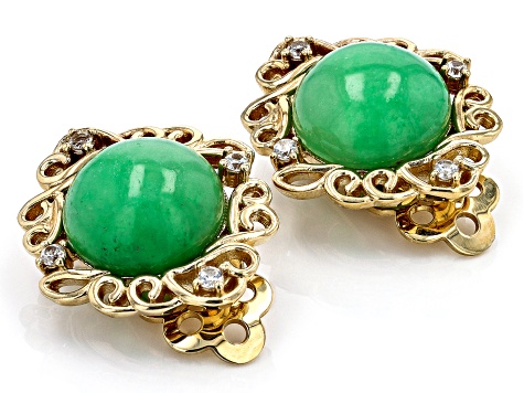 Green Jadeite With White Zircon 18k Yellow Gold Over Silver Clip-On Earrings 0.15ctw