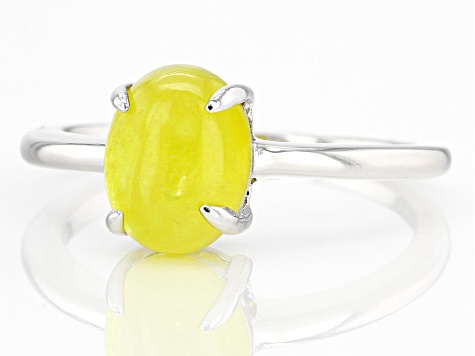 Yellow Jadeite Rhodium Over Silver Solitaire Ring 9x7mm