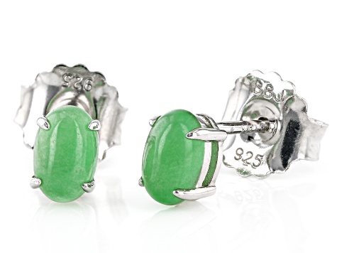 Green Jadeite Rhodium Over Silver Stud Earrings 6x4mm