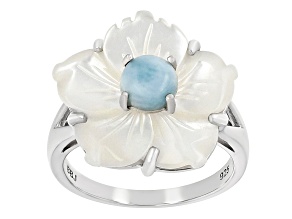 White Carved Mother-of-Pearl & Larimar Rhodium Over Silver Ring