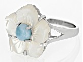 White Carved Mother-of-Pearl & Larimar Rhodium Over Silver Ring