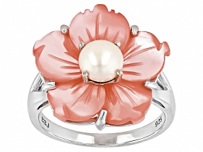 Pink Carved Mother-of-Pearl & White Cultured Freshwater Pearl Rhodium Over Silver Ring