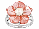 Pink Carved Mother-of-Pearl & White Cultured Freshwater Pearl Rhodium Over Silver Ring