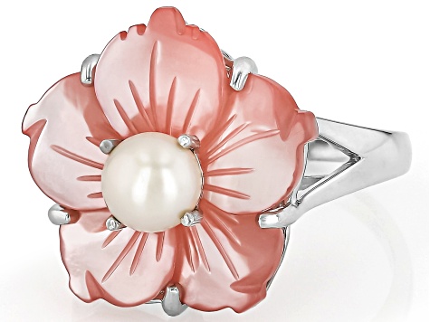 Pink Carved Mother-of-Pearl & White Cultured Freshwater Pearl Rhodium Over Silver Ring