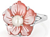 Pink Carved Mother-of-Pearl & White Cultured Freshwater Pearl Rhodium Over Silver Ring