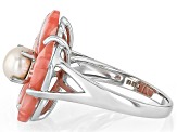 Pink Carved Mother-of-Pearl & White Cultured Freshwater Pearl Rhodium Over Silver Ring