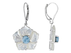 Carved Mother-of-Pearl & Larimar Rhodium Over Silver Flower Earrings
