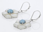 Carved Mother-of-Pearl & Larimar Rhodium Over Silver Flower Earrings