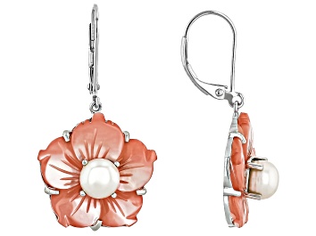 Picture of Carved Pink Mother-of-Pearl & White Cultured Freshwater Pearl Rhodium Over Silver Flower Earrings