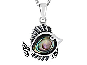 Multi-Color Abalone Shell & White Zircon Rhodium Over Silver Aquatic Fish Pendant With Chain 0.02ct