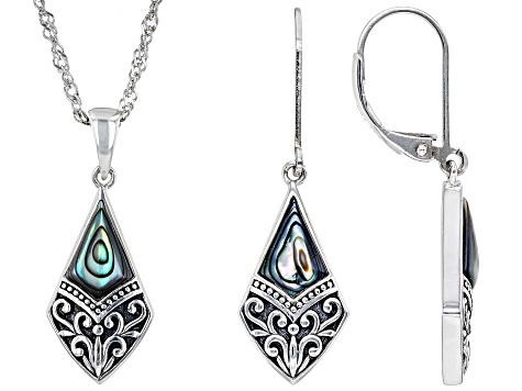 Multi-Color Abalone Shell Rhodium Over Silver Pendant And Earring Boxed Set 9x6mm - PCW167 - Vimarsana News