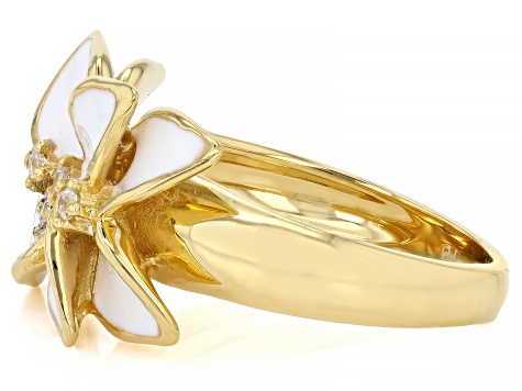White Enamel & White Zircon 18k Yellow Gold Over Brass Flower Ring