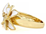 White Enamel & White Zircon 18k Yellow Gold Over Brass Flower Ring