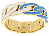 White & Teal Enamel 18k Yellow Gold Over Brass Chainlink Band Ring