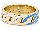 White & Teal Enamel 18k Yellow Gold Over Brass Chainlink Band Ring