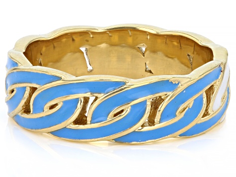 White & Teal Enamel 18k Yellow Gold Over Brass Chainlink Band Ring