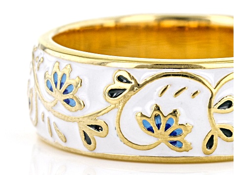 Multi-Color Enamel 18k Yellow Gold Over Brass Floral Band Ring