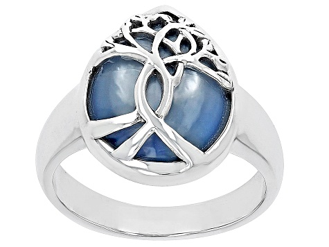 Blue Mother-of-Pearl Rhodium Over Silver "Tree of Life" Ring