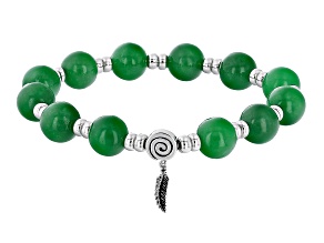 Green Jadeite Rhodium Over Silver Feather Stretch Bracelet
