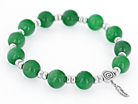 Green Jadeite Rhodium Over Silver Feather Stretch Bracelet