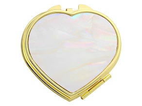 White Mother-of-Pearl Gold Tone Heart Compact Mirror