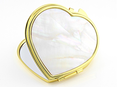 White Mother-of-Pearl Gold Tone Heart Compact Mirror