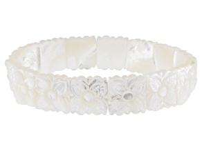 White Mother-Of-Pearl with Floral Carving Stretch Bracelet