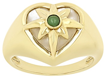 Picture of Mother-of-Pearl and Green Quartzite 18k Yellow Gold Over Sterling Silver Heart Ring