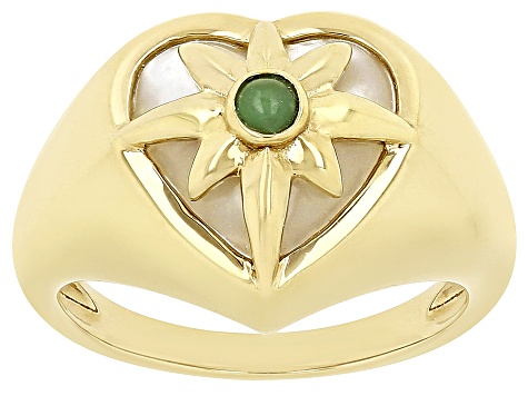 Mother-of-Pearl and Green Quartzite 18k Yellow Gold Over Sterling Silver Heart Ring