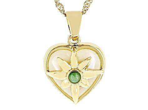 Mother-of-Pearl and Green Quartzite 18k Yellow Gold Over Silver Heart Pendant With Chain