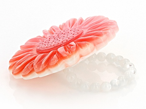 Pink Conch Shell and White Mother-of-Pearl Carved Flower Stretch Ring