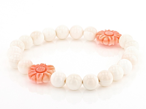 Pink and White Conch Shell Carved Flower Stretch Bracelet
