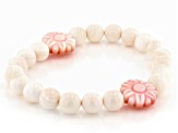 Pink and White Conch Shell Carved Flower Stretch Bracelet