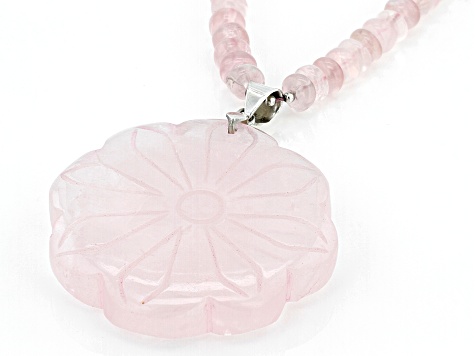 Carved Rose Quartz Rhodium Over Sterling Silver Necklace