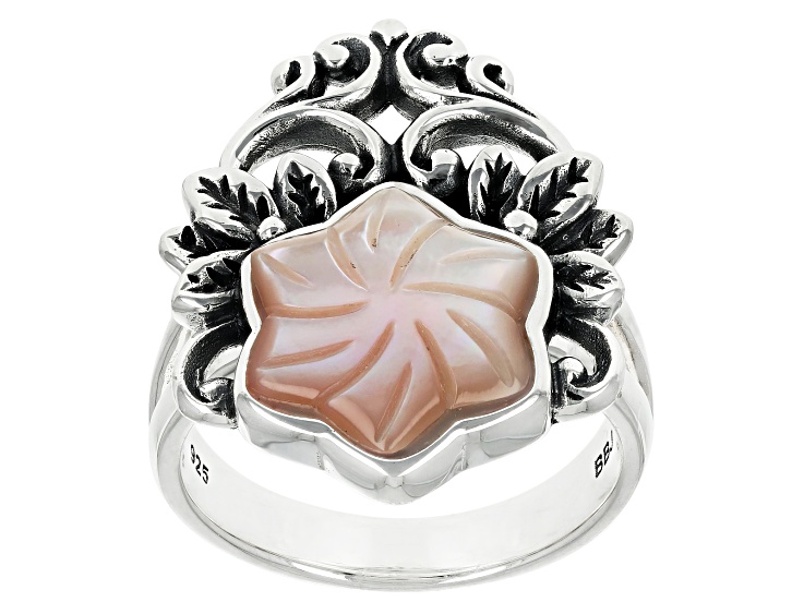 11x11mm Carved Pink Mother-Of-Pearl Sterling Silver Ring