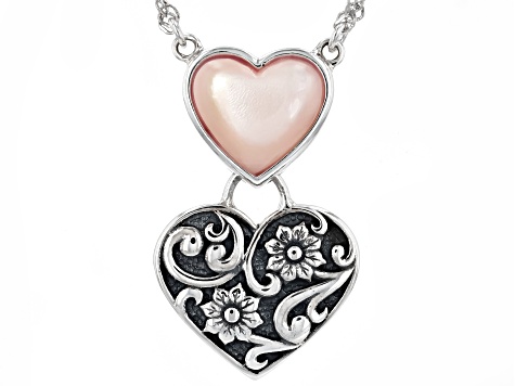 Cultured Pink Mother-Of-Pearl Oxidized Sterling Silver Heart Necklace