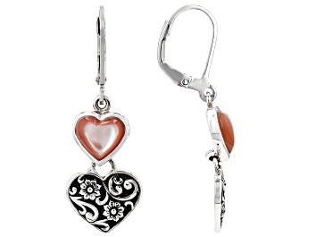 Picture of Cultured Pink Mother-Of-Pearl Oxidized Sterling Silver Heart Dangle Earrings