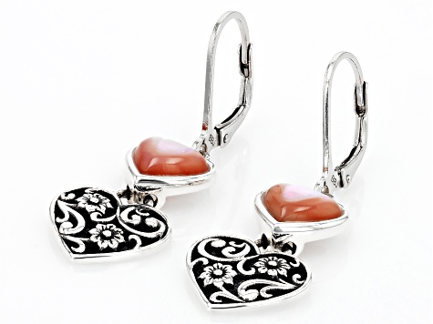 Cultured Pink Mother-Of-Pearl Oxidized Sterling Silver Heart Dangle Earrings