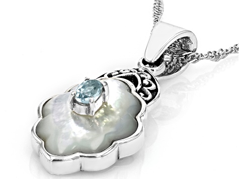 White Mother-Of-Pearl with Sky Blue Topaz Sterling Silver Enhancer with Chain .25ct