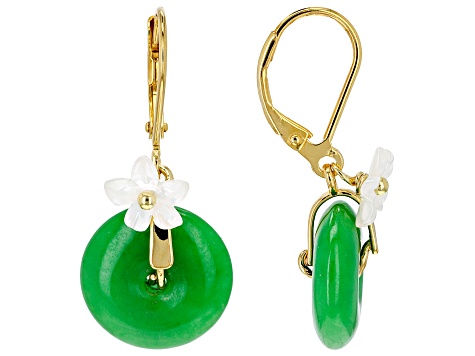 Green Jadeite with Carved Mother-Of-Pearl 18k Yellow Gold Over Sterling Silver Earrings