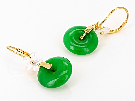 Green Jadeite with Carved Mother-Of-Pearl 18k Yellow Gold Over Sterling Silver Earrings