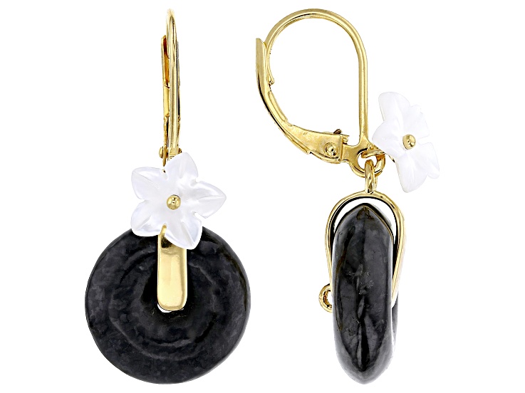 Black Jadeite with Carved Mother-Of-Pearl 18k Gold Over Sterling Silver Earrings