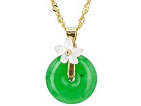 Green Jadeite with Carved Mother-Of-Pearl 18k Yellow Gold Over Sterling Silver Pendant with Chain