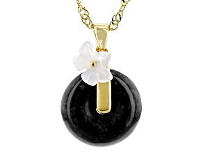 Black Jadeite with Carved Mother-Of-Pearl 18k Yellow Gold Over Sterling Silver Pendant with Chain
