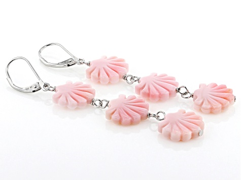 Seashell Carved Pink Conch Shell Rhodium Over Sterling Silver Dangle Earrings