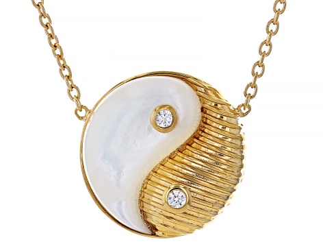 White Mother-Of-Pearl With White Zircon 18k Yellow Gold Over Silver Yin Yang Necklace 0.08ctw