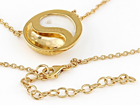 White Mother-Of-Pearl With White Zircon 18k Yellow Gold Over Silver Yin Yang Necklace 0.08ctw