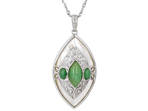 Green Jadeite With White Mother-Of-Pearl Rhodium Over Sterling Silver Pendant With Chain