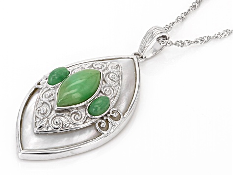 Green Jadeite With White Mother-Of-Pearl Rhodium Over Sterling Silver Pendant With Chain
